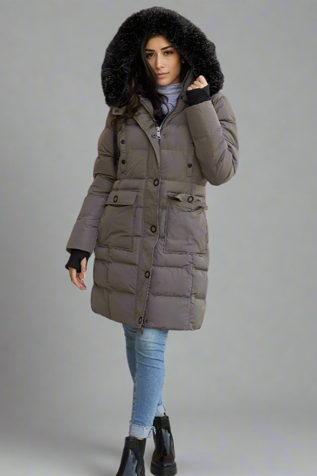 Mid-length vegan down winter coat for women with detachable fur hood, cargo pockets, and thumb hole cuffs.