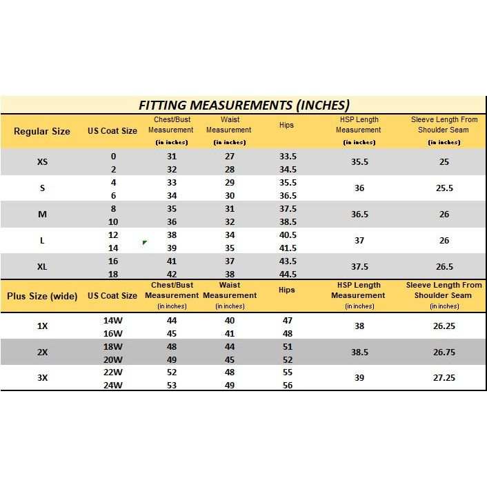 Fitting chart for ELORA Down Vegan Heavy Women’s Winter Coat, showcasing regular and plus sizes with measurements.