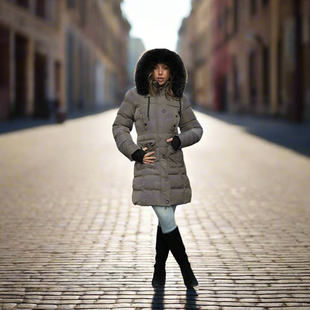 ELORA Down Vegan Heavy Women's Winter Coat with faux fur hood and cargo pockets, knee-length, warm and stylish.