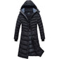 Elora Maxi Puffer vegan winter coat with detachable hood, zipper closure, and fleece lining.