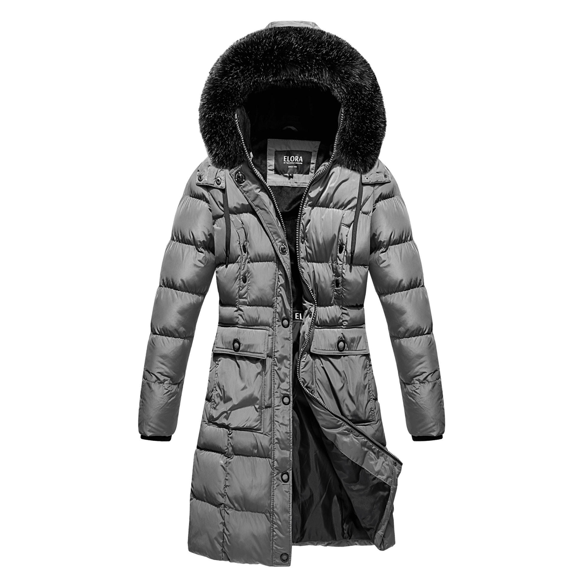 ELORA Down Vegan Heavy Women's Winter Coat with faux fur hood and cargo pockets.