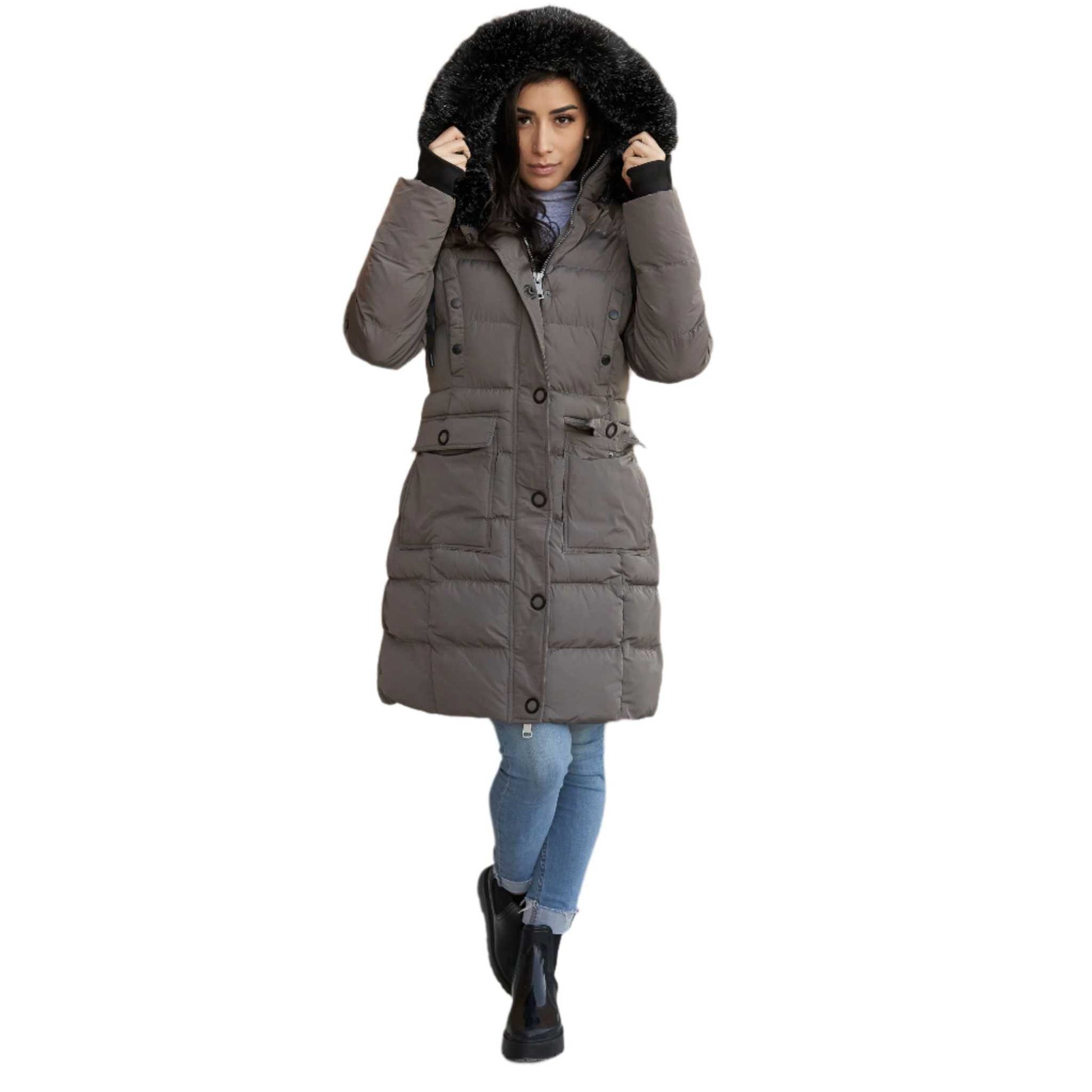 ELORA down vegan heavy women's winter coat with faux fur hood, cargo pockets, and mid-length design.