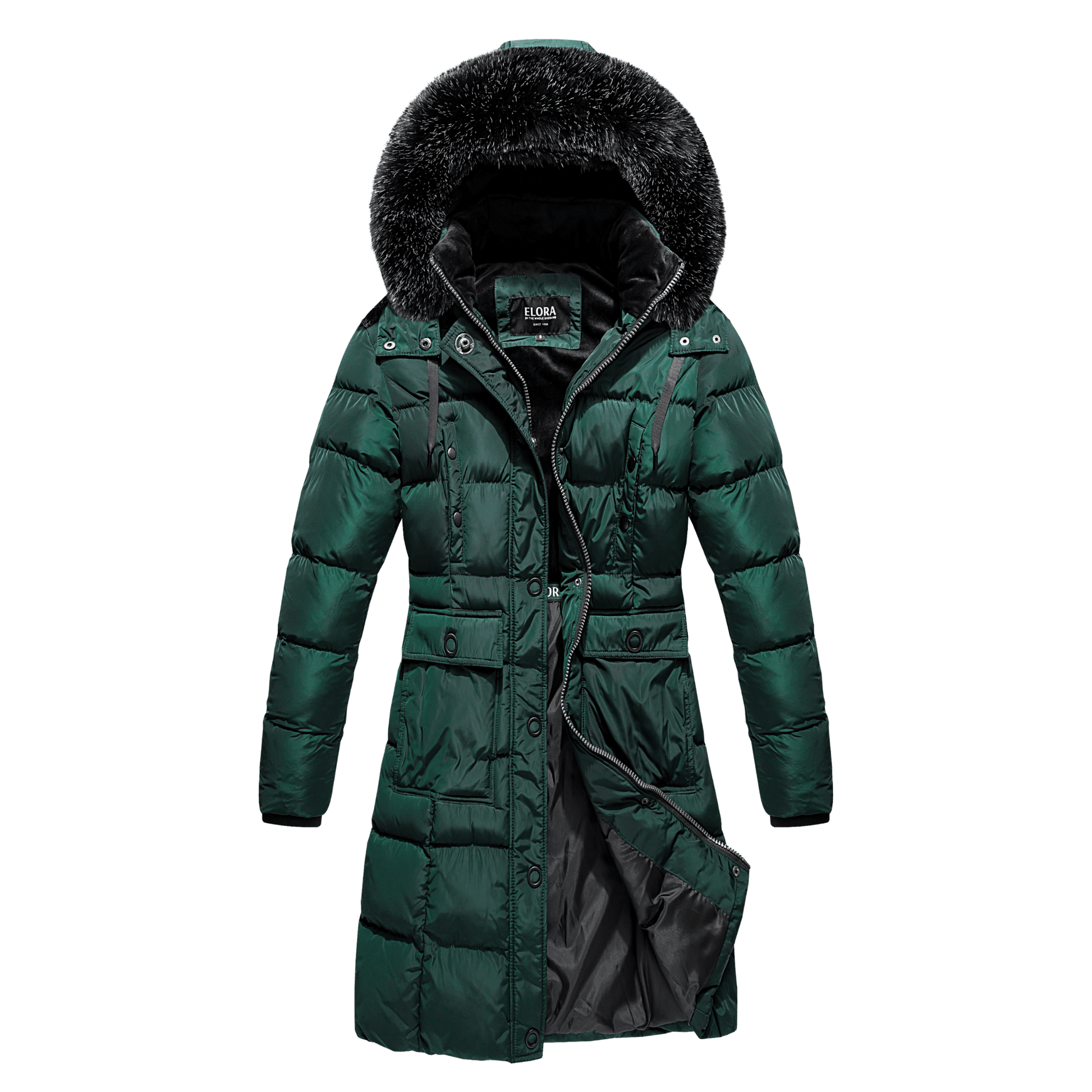 Vegan heavy women's winter coat with detachable hood and faux fur trim.