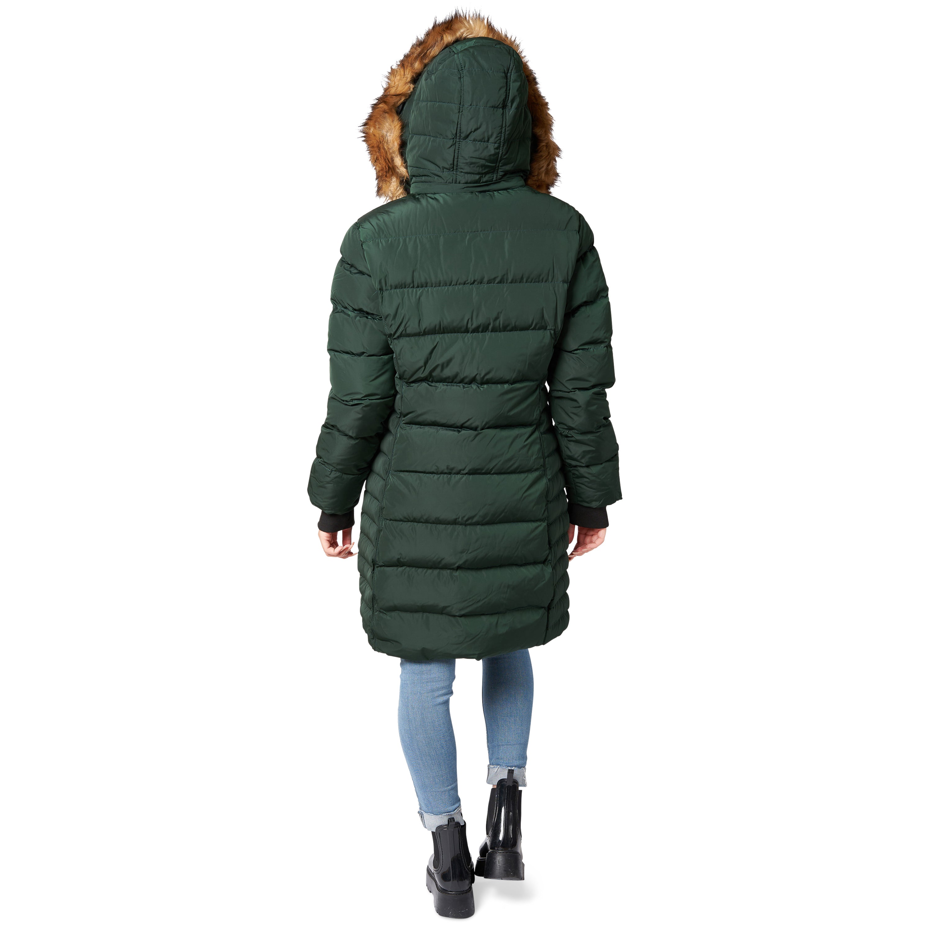 Mid Length Women Winter Coat with Fleece Lining and Fur Trim Hood