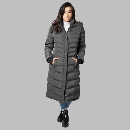 Warm vegan winter coat for women, 40-inch Elora Maxi Puffer with detachable hood and polar fleece lining.