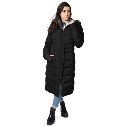 Women's black Elora Maxi Puffer coat with detachable hood and metal zipper, vegan and water-resistant, perfect for winter warmth.